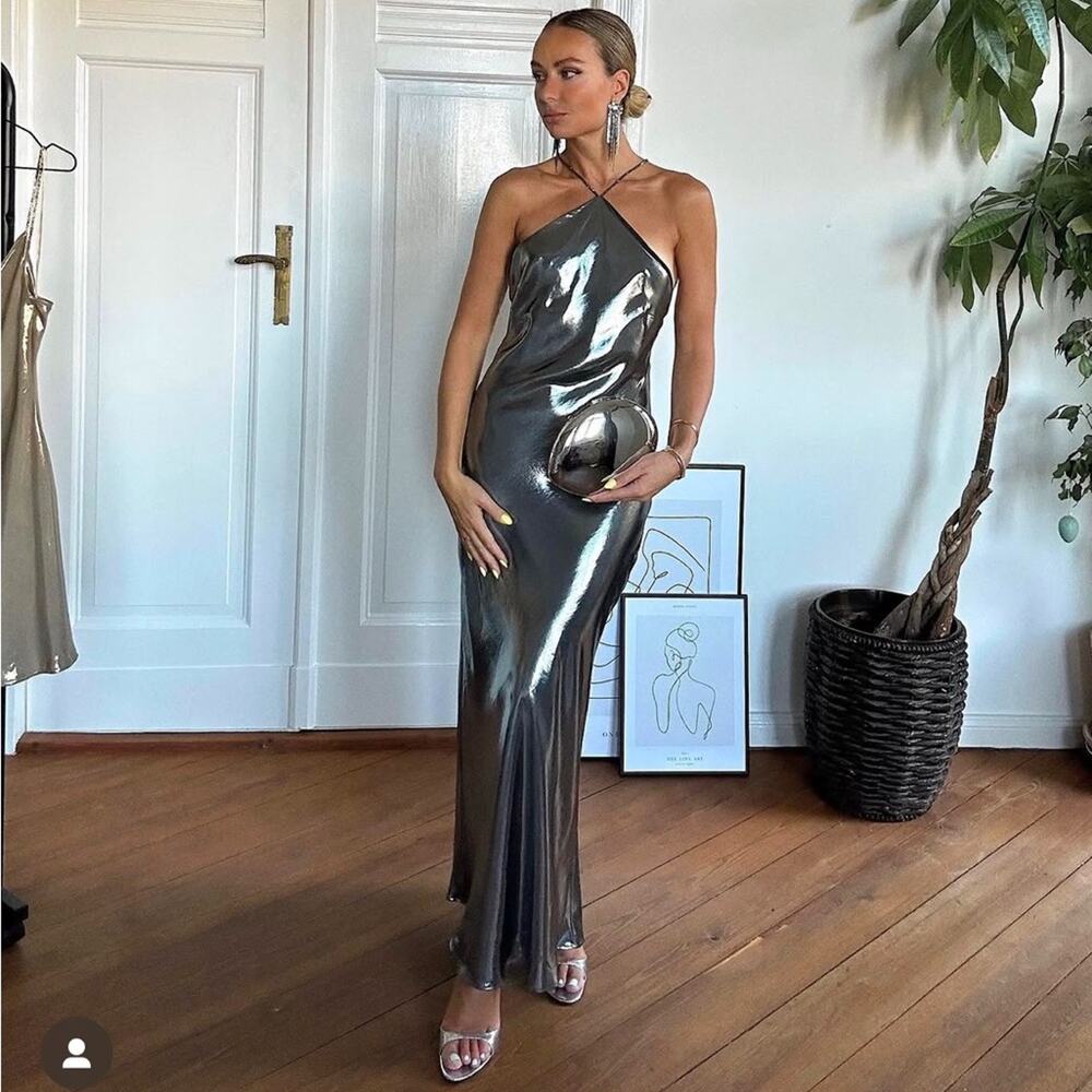 Zara Metallic Gunmetal Halter Maxi Dress. No tags, never worn.